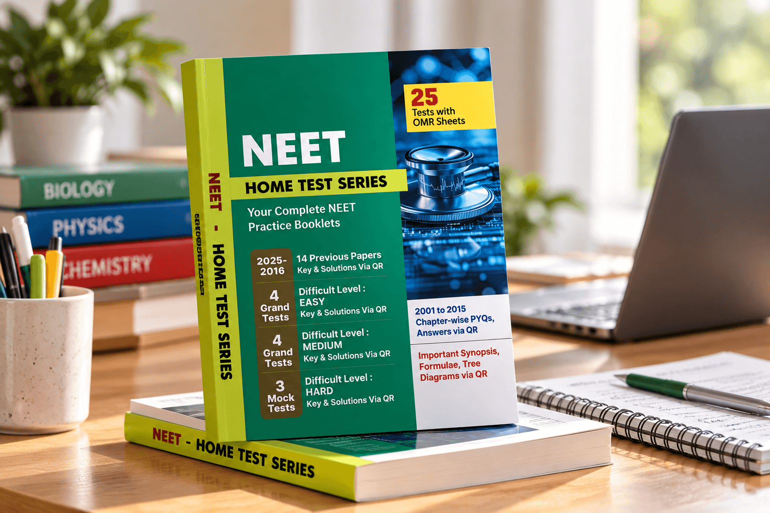 Student holding a NEET Home Test Series book for medical entrance exam preparation