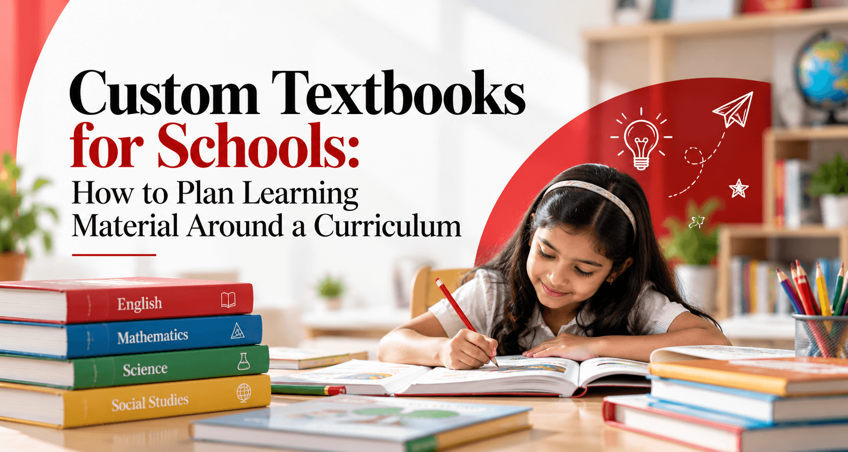 School textbooks and learning materials arranged for curriculum planning