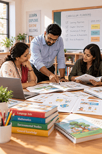 Educators reviewing school learning materials and curriculum resources